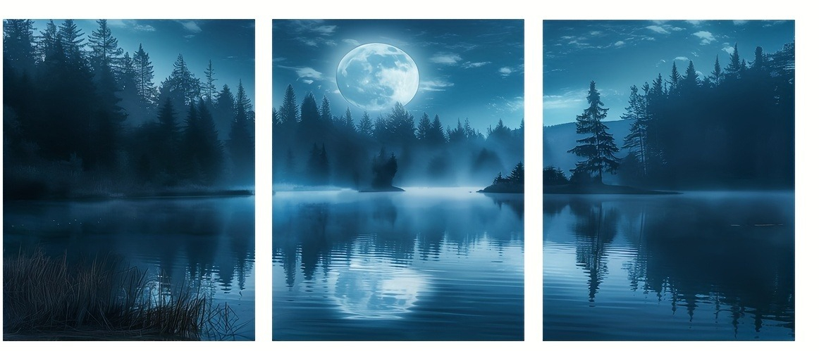 Home Decor Wall Panels - 3-delige maanbos-meer canvas wandkunst, nachtlandschap reflectie