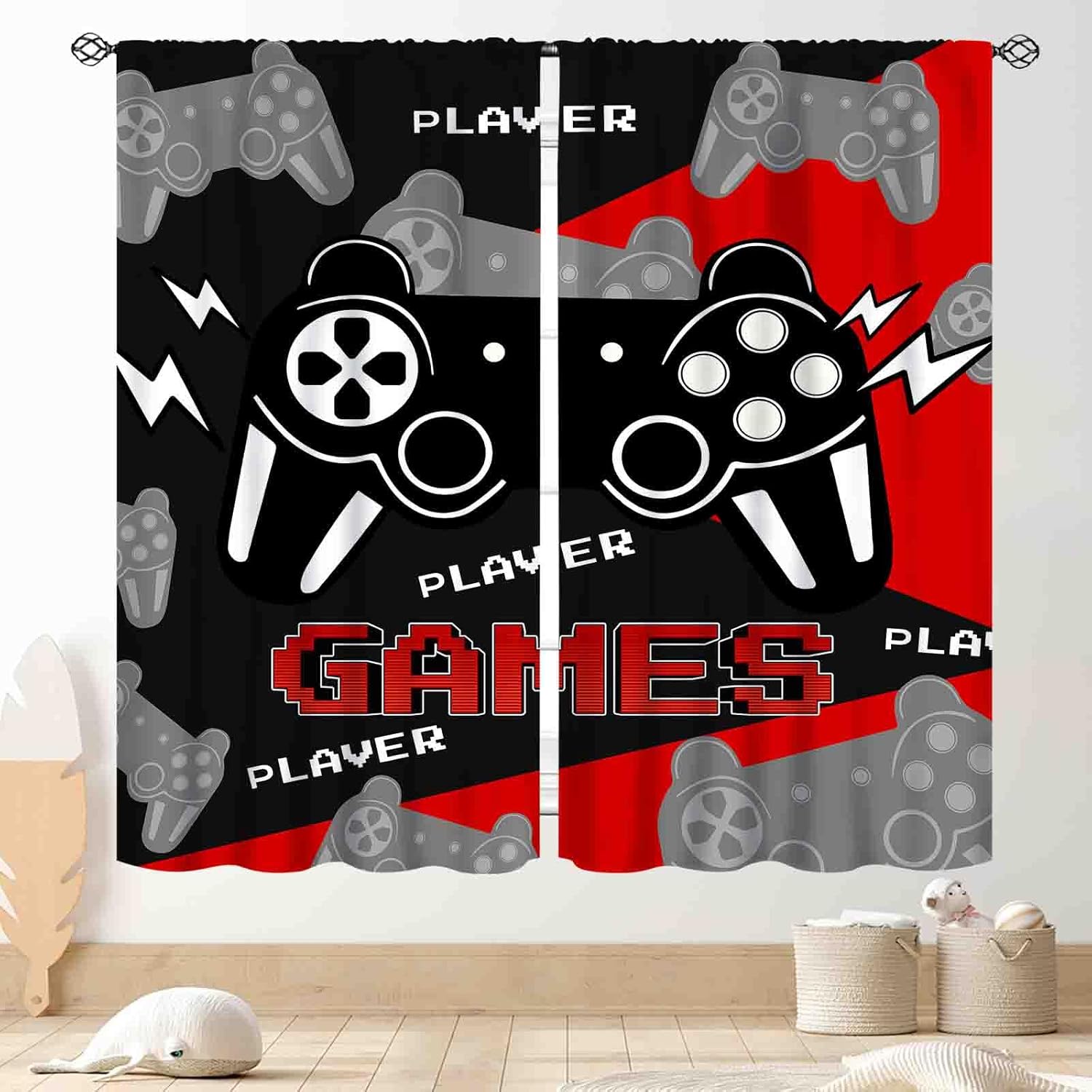 Home Decor Youtube Videos - Zwart rode gaming-gordijnen, videogame-controller print raamgordijnen,