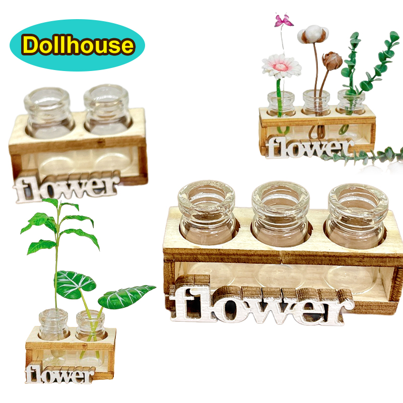Home Decor Vase With Flowers - 1Set 1:12 Poppenhuis Miniatuur Hydrocultuur Houten